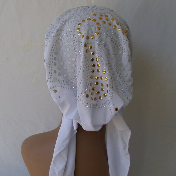 Chemo Cap Other - WHITE Pre-Tied Stud Chemo Cap Slip On Bonnet Hijab Undercap #3